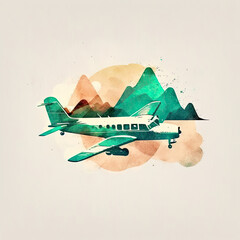 Artistic Airplane, vibrant colors square watercolor illustration vintage style