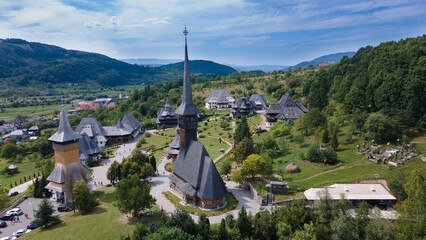Aerial photography of Barsana monastery located in Maramures County, Romania. The landscape...