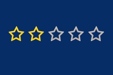 Gold, gray, silver five star shape on a blue background. Increase rating or ranking, evaluation and...