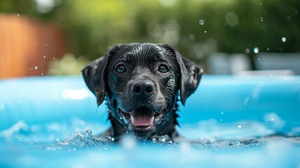 happy black dog swims in a swimming pool 