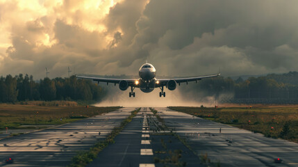 Commercial airplane landing at airport, front view