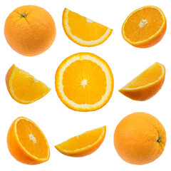 Set of fresh whole and cut orange and slices isolated on white background. From top view.