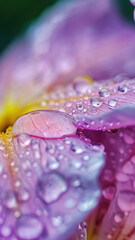 Close up of water droplets on vibrant flower petals with refraction inside