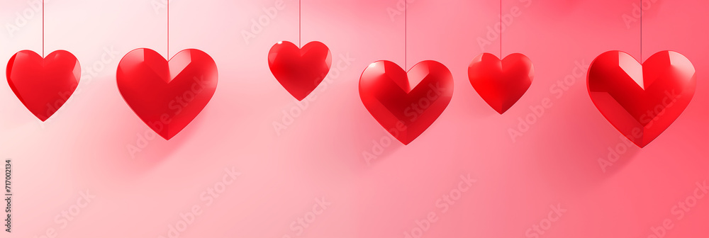 Wall mural red hearts on gradient background banner. valentine's day. panoramic web header with copy space. wid