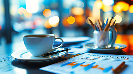 Business Coffee Break: Espresso Cup on a Desk with Financial Reports and Modern Office Background