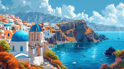 Aegean Sea Views Coast Santorini, Background Banner HD - obrazy, fototapety, plakaty