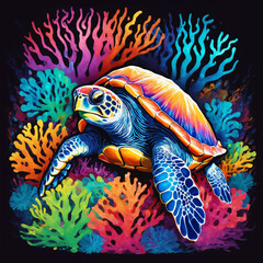 A colorful turtle swimming among multicolored coral