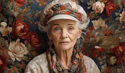 old lady adorned in luxurious fabrics, symbolizing the intersection of age and style.