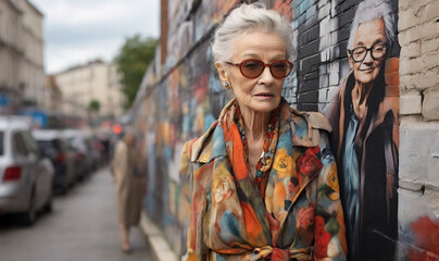 old lady adorned in luxurious fabrics, symbolizing the intersection of age and style.