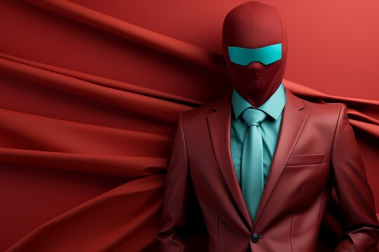 A powerful and assertive figure in a bold burgundy power suit, standing tall against a confident teal background