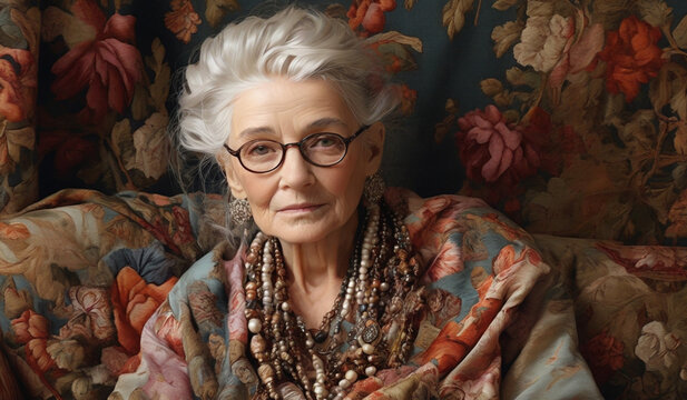 old lady adorned in luxurious fabrics, symbolizing the intersection of age and style.
