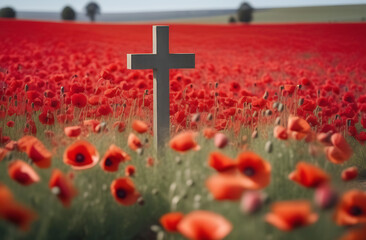cross on a grave against a background of red poppies, symbol of Anzac Remembrance Day