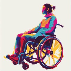 Person on wheelchair, man or woman with long hair tied up, sneakers, casual sportswear, sitting and looking away, black silhouette on abstract graffiti style paint splashes and brush strokes, alone