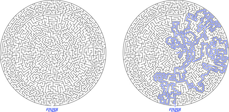 Large round complex labirinth. Vector circular maze. Difficult education puzzle with task to find the way out of the maze. Escape from center riddle. Solution included
