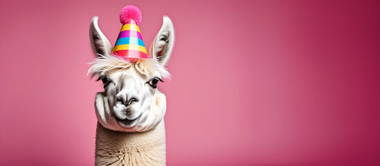 funny llama in a cap, April Fool's Day, on a pink background, banner, place for text