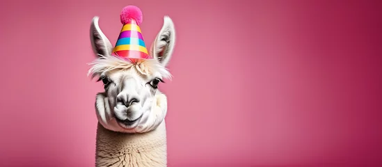 Zelfklevend Fotobehang Lama funny llama in a cap, April Fool's Day, on a pink background, banner, place for text
