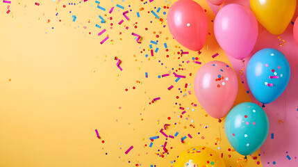 Vibrant Balloons and Confetti on Yellow Background