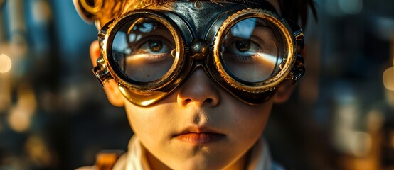 A curious child dons goggles, shielding their eyes with a protective mask as they explore the great outdoors with stylish eyewear