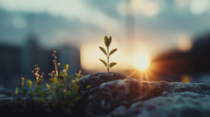the plant grows in the stone. victory over the difficulties of life, motivation to achieve goals of success, personal growth. Concept of success and achieving goals