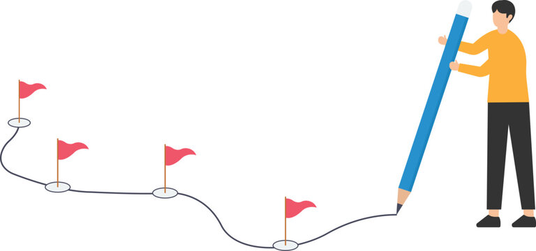Workflow or working process, project progress, milestone or achievement tracking, work experience or roadmap concept, businessman using pencil to draw workflow line with achievement flag milestones.

