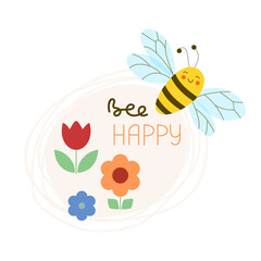 Cute bee with smile in flight over flower meadow. Vector greeting sticker illustration for Happy Birthday gift card.