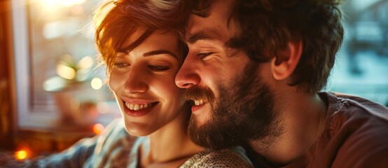 A bearded man and a woman share a loving kiss, their smiling faces radiating happiness and affection in their stylish indoor setting - obrazy, fototapety, plakaty