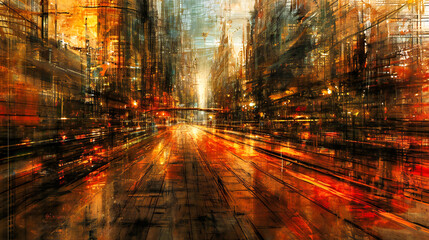 Artistic Cityscape at Night: Urban Street Scene Captured in a Vibrant Painting with Abstract...