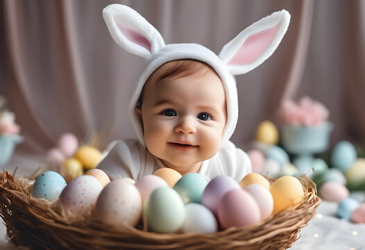 Cute baby portrait wearing spring easter bunny ears. Easter concept.