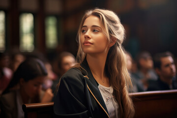 Girl going for lecture in college. - obrazy, fototapety, plakaty