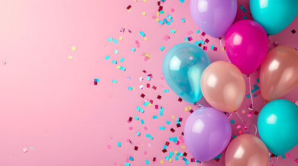 Colorful Balloons and Confetti on Pink Background for a Joyful Celebration