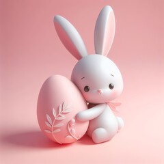 Obraz premium Cute fluffy white Easter bunny hugs a pastel pink egg on a pastel pink background. Easter holiday concept in minimalism style. Fashion monochromatic composition. Copy space for design.