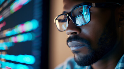 A man wearing glasses focused on a computer screen.