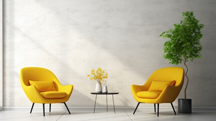 Modern living room with yellow chairs. Interior design minimal room. Photo Frame Mockup