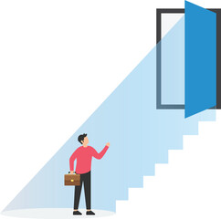 Spotlight to guide career success, recruitment or HR finding candidate or talent, opportunity or career growth, ladder of success concept, businessman walk up flashlight with staircase light beam.
