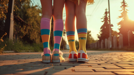 Colourful Socks and Sneakers on Sunny Street.
Three pairs of legs wearing bright socks and retro...