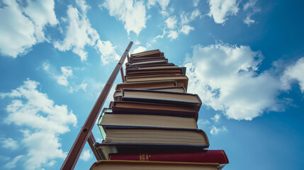 A tall stack of books with ladder, growth knowledge concept - obrazy, fototapety, plakaty