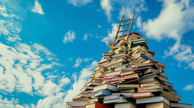 A tall stack of books with ladder, growth knowledge concept