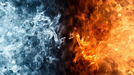 Vibrant depiction of the contrast between fire and ice wallpaper. Cold blue frozen ice, melting over hot red fire.