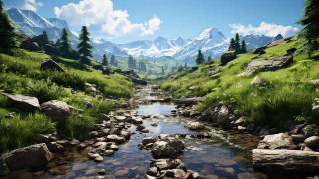 Mountain scape with stream UHD wallpaper