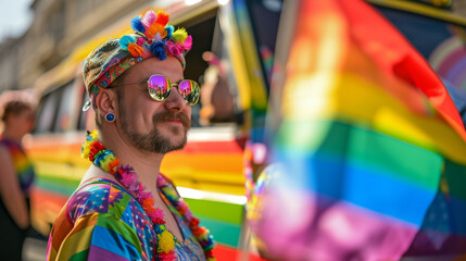 Colourful Pride Celebration Portrait.
A person adorned in pride decorations celebrates diversity and identity.