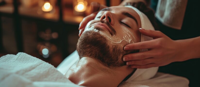 Male customer receiving a face treatment from a beautician at a salon.