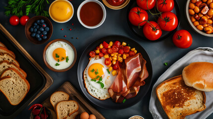 A delicious breakfast spread featuring eggs, bacon, bread, and a variety of other foods on a table.