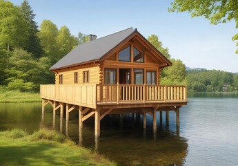 Obraz premium Wooden house with terrace over lake