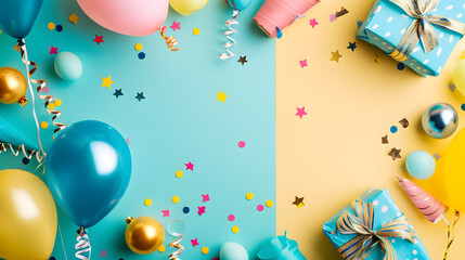 Colorful Celebration, Blue and Yellow Background With Balloons and Presents