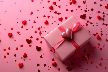 Close up pink gift on pastel pink background among heart-shaped confetti. Valentine's day, romance, love, wedding anniversary concept with copy space
