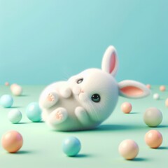 Fototapeta premium Cute fluffy white Easter bunny is lying among colorful balls on a pastel mint background. Easter holiday concept in minimalism style. Fashion monochromatic composition. Copy space for design.