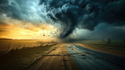 Tornado Approaching on a Dirt Road in Open Fields at Sunset