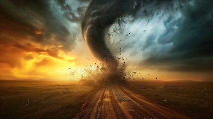 Tornado Approaching on a Dirt Road in Open Fields at Sunset