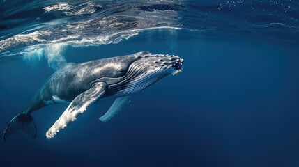 Naklejka premium Humpback Whale Swimming in the Deep Blue Ocean