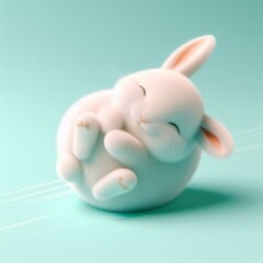 Cute fluffy white Easter bunny is lying on a pastel mint background. Easter holiday concept in minimalism style. Fashion monochromatic   composition. Copy space for design.